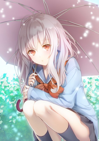 Anime picture 1000x1414 with original geroro single long hair tall image looking at viewer blonde hair red eyes pantyshot rain girl skirt uniform school uniform miniskirt socks black socks umbrella