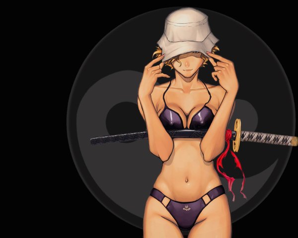 Аниме картинка 1280x1024 с лёгкая эротика чёрные волосы светлые волосы соски чёрный фон девушка оружие купальник шляпа бикини меч катана чёрное бикини
