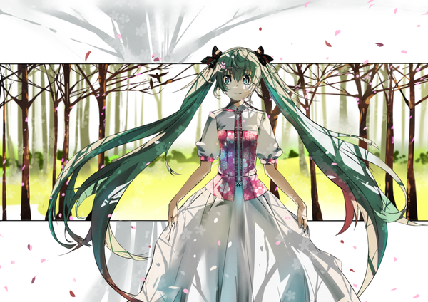 Anime picture 3507x2480 with vocaloid hatsune miku saberiii single long hair looking at viewer highres smile twintails absurdres very long hair hair flower aqua eyes green hair shadow floral print girl dress hair ornament flower (flowers)