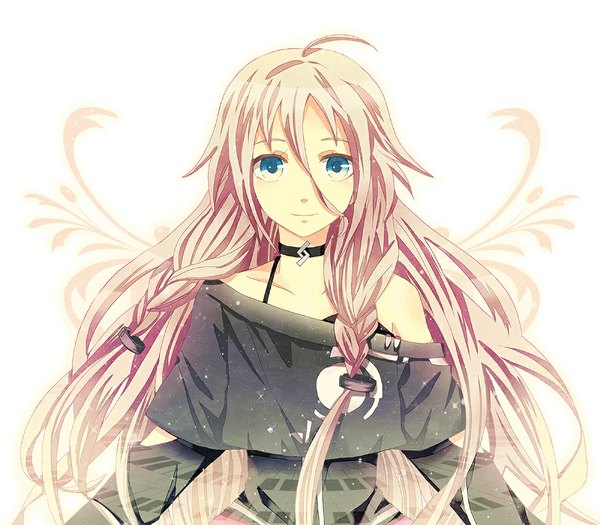 Anime picture 1000x875 with vocaloid ia (vocaloid) odimi single long hair looking at viewer fringe simple background blonde hair white background braid (braids) aqua eyes light smile off shoulder twin braids girl