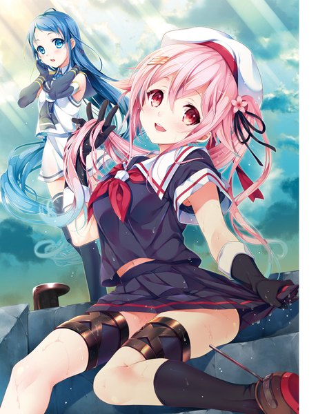 Anime picture 1519x1920 with kantai collection harusame destroyer samidare destroyer surada mami long hair tall image looking at viewer blush fringe open mouth blue eyes smile hair between eyes sitting bare shoulders multiple girls blue hair looking away pink hair sky