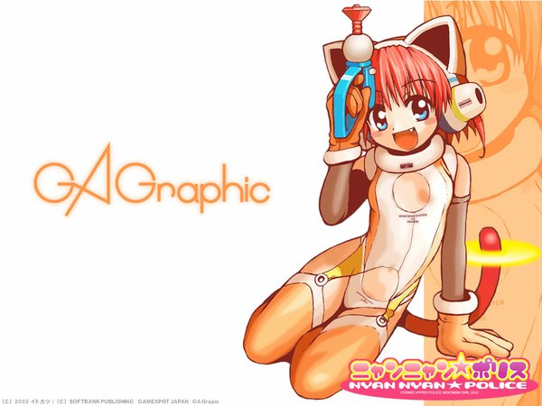 Anime picture 1024x768 with nyan nyan police gagraphic airi cosmos itokatsu single blue eyes light erotic animal ears red hair teeth cat girl fang (fangs) girl gloves weapon