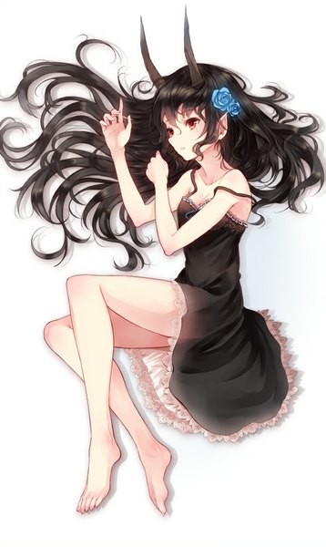 Anime picture 598x1000 with original paseri single long hair tall image fringe black hair simple background red eyes white background looking away cleavage lying barefoot hair flower horn (horns) pointy ears off shoulder bare legs legs