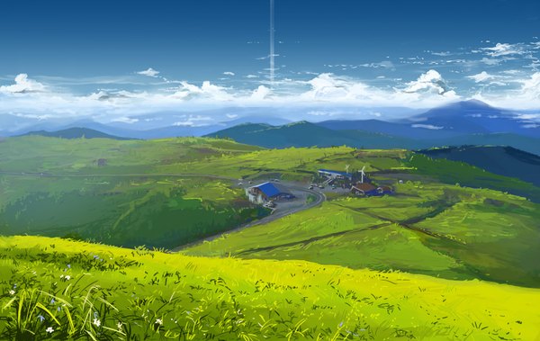 Anime picture 1600x1012 with original izechou sky cloud (clouds) wallpaper landscape nature field plant (plants) building (buildings) grass road