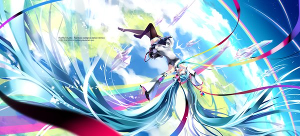 Anime picture 1900x864 with vocaloid hatsune miku myhilary single highres blue eyes wide image twintails very long hair nail polish aqua hair inscription tattoo girl thighhighs flower (flowers) black thighhighs miniskirt headphones