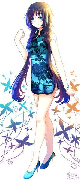 Anime picture 683x1533 with utau xia yu yao isumi (yangyan) single long hair tall image blush fringe black hair simple background smile white background twintails bare shoulders signed payot looking away full body ahoge braid (braids)