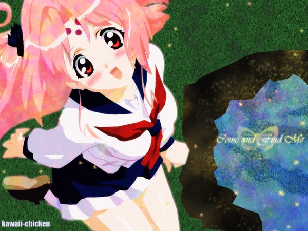 Anime picture 1280x960 with girls bravo miharu sena kanaka pamkips single long hair looking at viewer blush open mouth red eyes sitting signed pink hair :d from above wallpaper facial mark third-party edit girl skirt white skirt