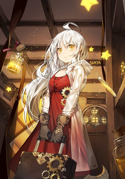 Anime picture 700x1000 with original sorolp single long hair tall image looking at viewer fringe hair between eyes standing holding signed yellow eyes ahoge white hair indoors pointy ears serious girl dress gloves