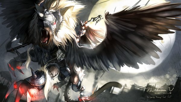 Anime picture 1422x800 with original pixiv fantasia observerz long hair open mouth red eyes brown hair wide image signed teeth fang (fangs) girl animal wings armor moon staff monster