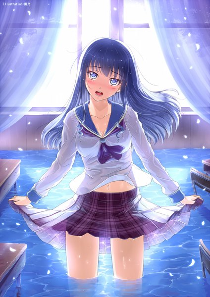 Anime picture 1446x2046 with original kazeno long hair tall image looking at viewer blush open mouth blue eyes blue hair girl skirt navel uniform school uniform miniskirt shirt water