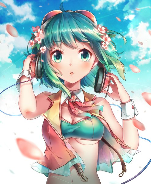 Anime picture 1000x1214 with vocaloid gumi nou single tall image looking at viewer blush short hair open mouth bare shoulders green eyes sky hair flower green hair wind tears underboob goggles on head girl hair ornament