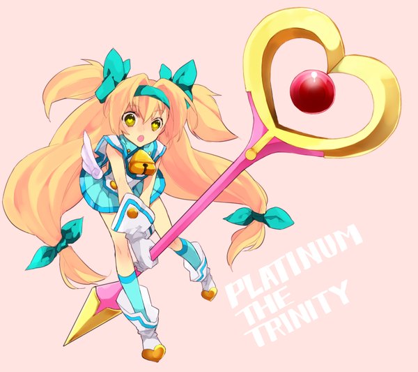 Anime picture 900x800 with blazblue platinum the trinity hita (hitapita) single fringe open mouth simple background blonde hair twintails yellow eyes very long hair leaning two side up leaning forward character names low twintails symbol-shaped pupils pink background bell collar girl