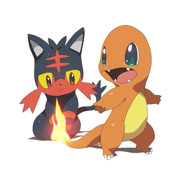 Anime picture 1577x1500 with pokemon pokemon sm nintendo charmander litten tom skender open mouth simple background standing white background sitting looking away fang (fangs) looking down no people fantasy gen 1 pokemon gen 7 pokemon animal fire