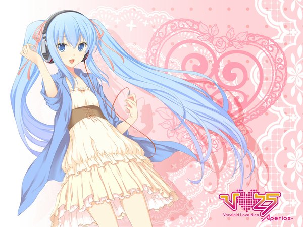 Anime picture 1024x768 with vocaloid hatsune miku 47agdragon single long hair open mouth blue eyes twintails blue hair girl dress heart headphones digital media player