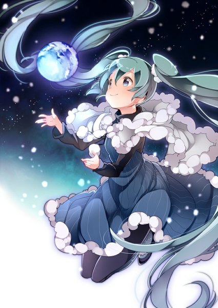 Anime picture 752x1062 with vocaloid hatsune miku umiko (munemiu) single tall image smile twintails looking away very long hair aqua eyes aqua hair girl dress planet
