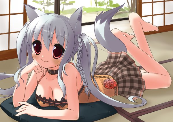 Anime picture 1200x850 with original minidraco (artist) single long hair smile red eyes twintails animal ears lying braid (braids) animal tail barefoot grey hair girl skirt miniskirt pillow