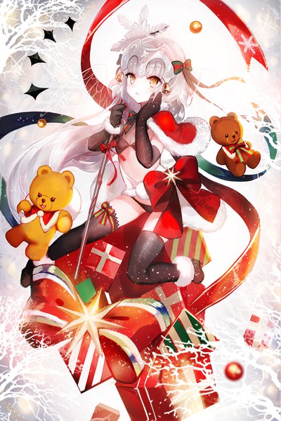 Anime picture 1010x1512 with fate (series) fate/grand order jeanne d'arc (fate) (all) jeanne d'arc alter santa lily (fate) juexing (moemoe3345) single long hair tall image blush light erotic brown eyes yellow eyes looking away silver hair very long hair fur trim christmas hand on face bare tree :<