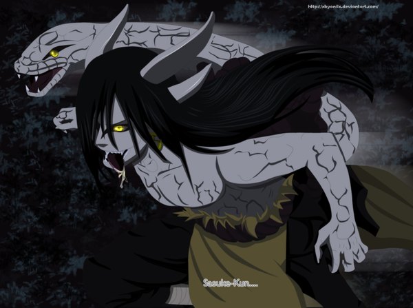 Anime picture 2000x1490 with naruto studio pierrot naruto (series) orochimaru xbyonilx long hair fringe highres black hair yellow eyes horn (horns) hair over one eye inscription teeth coloring muscle sharp teeth boy tongue cloak