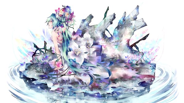 Anime picture 2700x1519 with vocaloid hatsune miku tyouya single highres wide image white background sitting eyes closed very long hair profile hair flower aqua hair girl dress hair ornament flower (flowers) plant (plants)