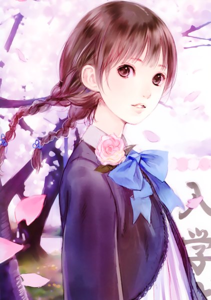 Anime picture 2452x3488 with original kishida mel single long hair tall image fringe highres brown hair brown eyes outdoors braid (braids) parted lips wind scan twin braids cherry blossoms girl uniform flower (flowers) plant (plants)