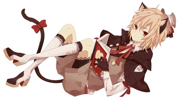 Anime picture 1024x576 with moco 315 single looking at viewer short hair simple background blonde hair red eyes wide image white background animal ears animal tail cat ears cat tail cat boy boy gloves bow hat socks heart