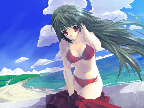 Anime picture 1024x768 with green hair wallpaper beach swimsuit bikini red bikini