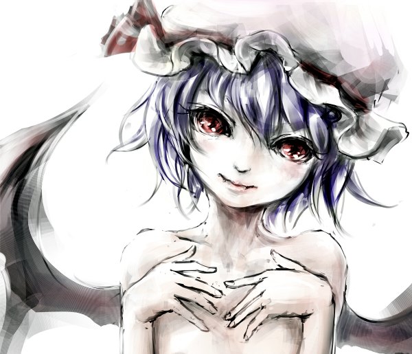 Anime picture 1200x1030 with touhou remilia scarlet marimo ouji (artist) single short hair red eyes white background purple hair teeth fang (fangs) flat chest bat wings girl bonnet