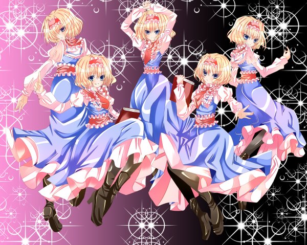 Anime picture 1200x959 with touhou alice margatroid nanase nao short hair blue eyes blonde hair multiple girls arms up arms behind head multiple persona girl dress necktie boots hairband book (books) 5 girls