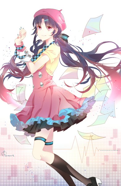 Anime picture 1351x2065 with vocaloid xin hua snail (artist) single long hair tall image looking at viewer black hair smile twintails pink eyes checkered girl dress socks necktie black socks beret knee socks buttons