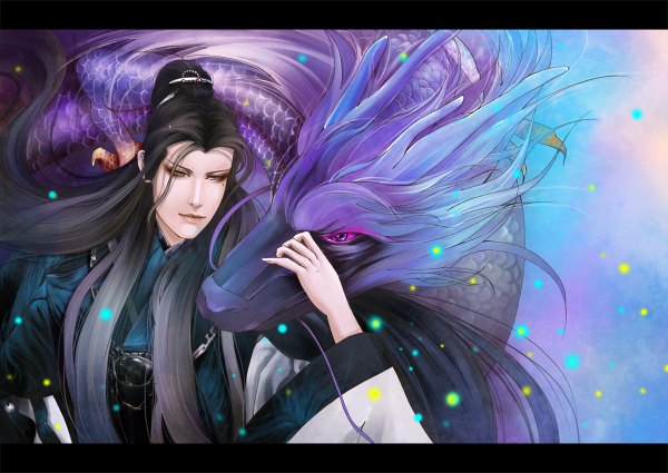 Anime picture 1200x850 with hazhangzhong long hair black hair purple eyes traditional clothes horn (horns) grey eyes chinese clothes eyeshadow boy hair ornament dragon fireflies