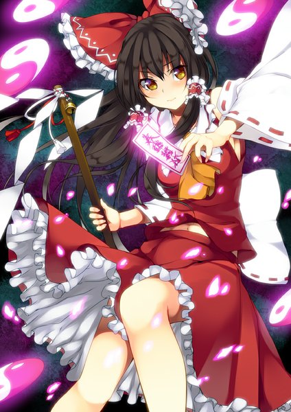 Anime picture 707x1000 with touhou hakurei reimu unasaka ryou single long hair tall image looking at viewer blush black hair brown eyes traditional clothes miko girl bow hair bow detached sleeves gohei ofuda