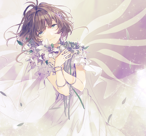 Anime picture 1168x1093 with tsubasa reservoir chronicle clamp sakura hime g.g.lemon single looking at viewer fringe short hair brown hair green eyes light smile sparkle dutch angle girl dress flower (flowers) wings bracelet white dress bouquet