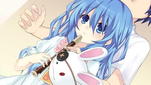Anime picture 1280x720 with date a live yoshino (date a live) yoshinon itsuka shidou long hair blue eyes wide image blue hair game cg loli couple girl dress toy stuffed animal musical instrument flute hand puppet