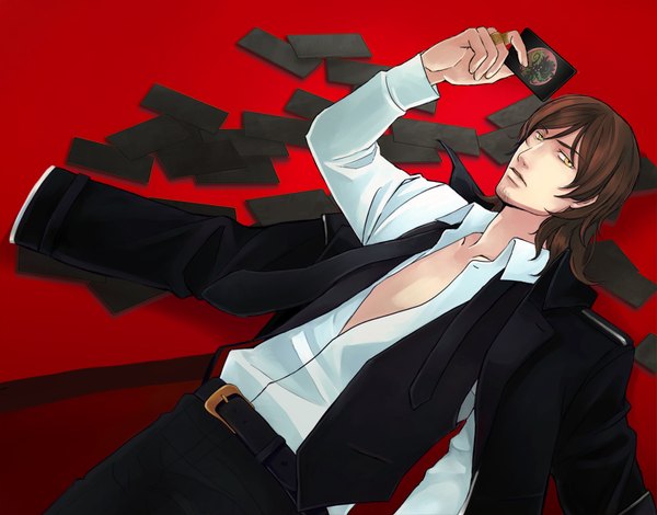 Anime picture 1800x1410 with c: the money of soul and possibility control mikuni souichirou amezen (artist) single highres brown hair yellow eyes lying open clothes open shirt red background boy shirt jacket belt card (cards)