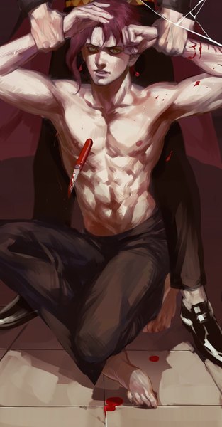 Anime picture 800x1533 with jojo no kimyou na bouken kakyoin noriaki emg (christain) tall image looking at viewer short hair holding yellow eyes nipples red hair barefoot armpit (armpits) topless muscle clenched teeth bloody weapon shirtless boy earrings blood