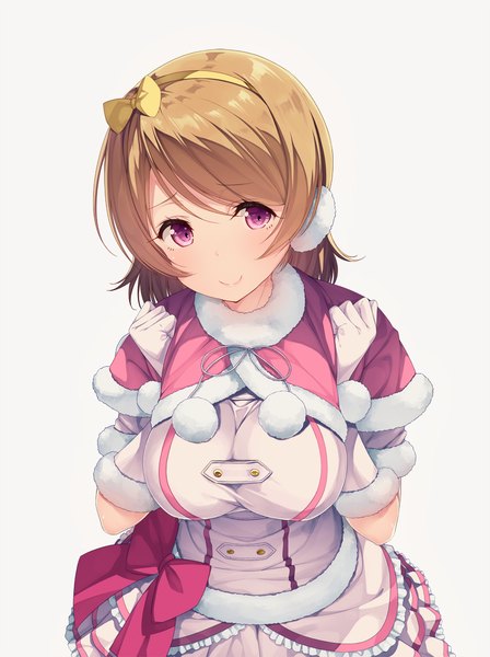 Anime picture 800x1070 with love live! school idol project sunrise (studio) love live! koizumi hanayo siva (executor) single tall image looking at viewer blush short hair simple background smile brown hair white background purple eyes girl dress gloves white gloves