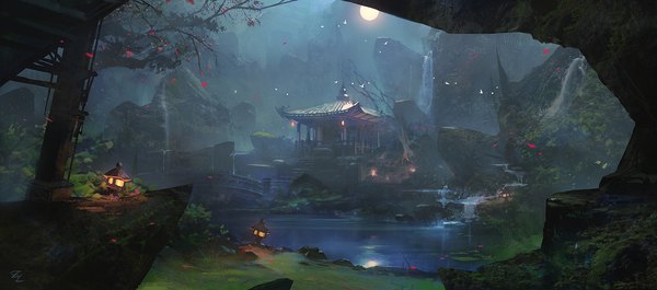 Anime picture 1920x848 with original zudarts lee highres wide image night night sky light reflection no people scenic architecture lake east asian architecture flower (flowers) plant (plants) animal petals tree (trees) water bird (birds)