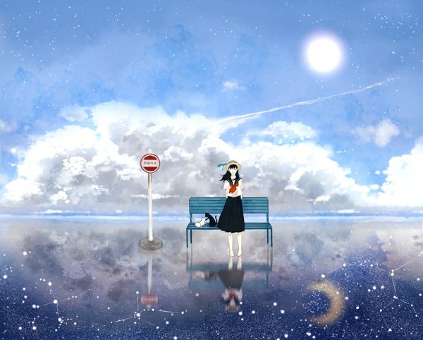 Anime picture 1040x837 with original kurohal long hair open mouth black hair smile standing sky cloud (clouds) eyes closed barefoot sunlight night night sky reflection hands behind back constellation girl uniform school uniform