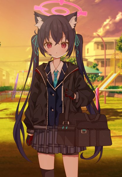 Anime picture 2073x3000 with blue archive serika (blue archive) saekiya sabou single long hair tall image looking at viewer fringe highres black hair hair between eyes red eyes standing twintails animal ears outdoors cat ears evening sunset girl