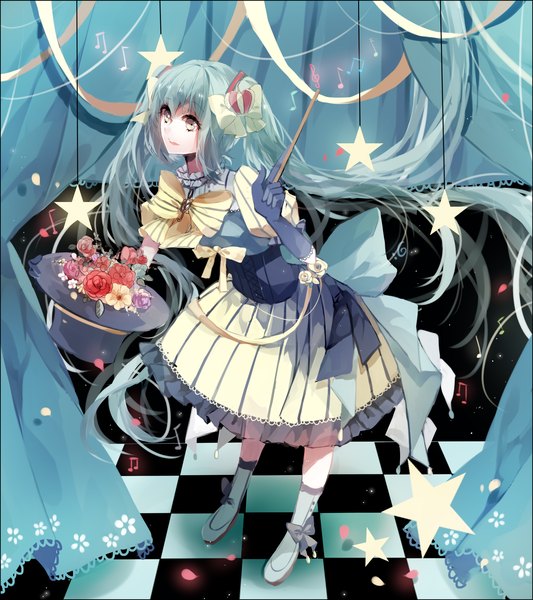 Anime picture 1600x1800 with vocaloid hatsune miku cui (jidanhaidaitang) single long hair tall image fringe smile standing holding brown eyes looking away aqua hair leaning leaning forward magic checkered floor floor magical girl girl