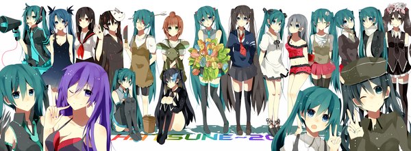 Anime picture 2000x739 with black rock shooter vocaloid hatsune miku black rock shooter (character) long hair highres blue eyes black hair red eyes wide image purple eyes twintails multiple girls purple hair one eye closed grey hair wink aqua hair 6+ girls mask on head