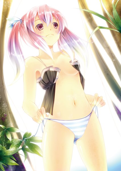 Anime picture 1200x1694 with original yoshino ryou single tall image short hair breasts light erotic twintails looking away pink eyes multicolored hair girl navel underwear panties ribbon (ribbons) plant (plants) hair ribbon grass