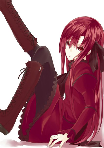 Anime picture 600x848 with original kushia microphylla kauto single long hair tall image looking at viewer fringe simple background smile red eyes white background sitting bent knee (knees) red hair parted lips leg lift (legs lift) lacing girl dress