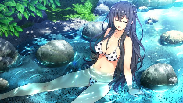 Anime picture 1280x720 with sorairo innocent akabei soft3 nibutani kako higuchi isami single long hair fringe breasts open mouth light erotic black hair hair between eyes wide image large breasts sitting eyes closed arm support shadow partially submerged wavy hair