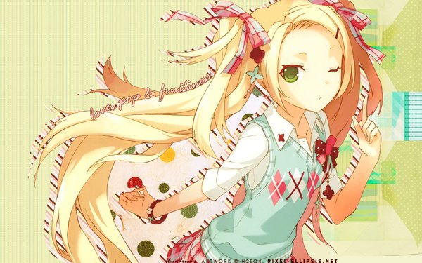 Anime picture 1920x1200 with original h2so4 single long hair highres blonde hair wide image twintails green eyes one eye closed wink third-party edit girl bow hair bow bracelet vest