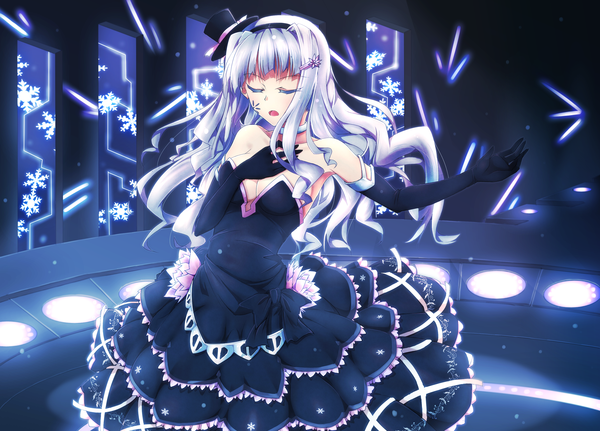 Anime picture 3180x2286 with idolmaster shijou takane shijou hasekura single long hair highres open mouth bare shoulders absurdres silver hair eyes closed girl dress gloves hat elbow gloves hairband