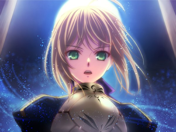 Anime picture 1000x750 with fate (series) fate/stay night studio deen type-moon artoria pendragon (all) saber mitsutani single looking at viewer short hair open mouth blonde hair green eyes glow girl armor