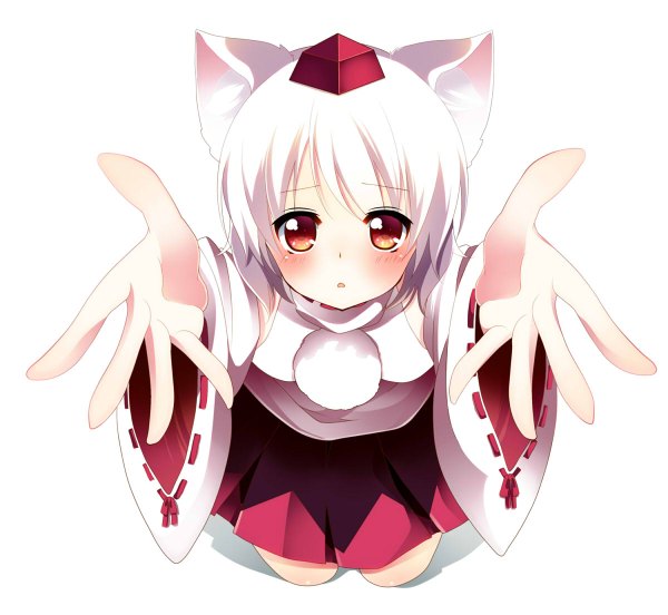 Anime picture 1200x1104 with touhou inubashiri momiji yuika (yurika712) single looking at viewer blush short hair open mouth simple background red eyes white background animal ears white hair japanese clothes wolf ears girl detached sleeves tokin hat