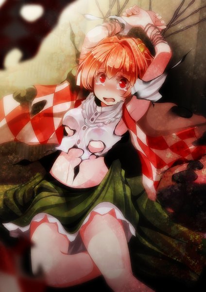 Anime picture 1061x1500 with touhou motoori kosuzu s-syogo single tall image blush short hair open mouth light erotic red eyes orange hair tears torn clothes girl navel