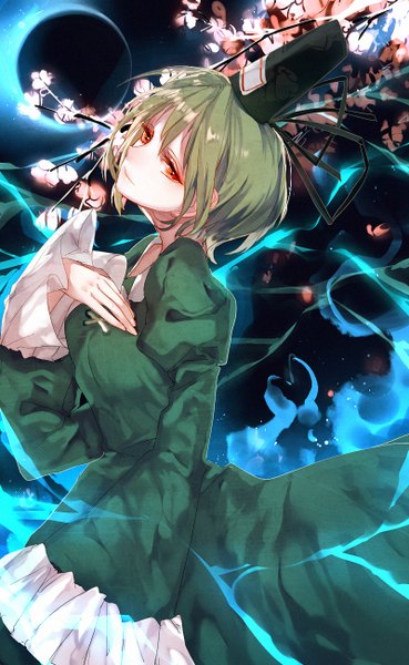 Anime picture 800x1300 with touhou soga no tojiko tian (my dear) single tall image looking at viewer short hair red eyes green hair night cherry blossoms magic crescent girl dress plant (plants) hat tree (trees) moon branch